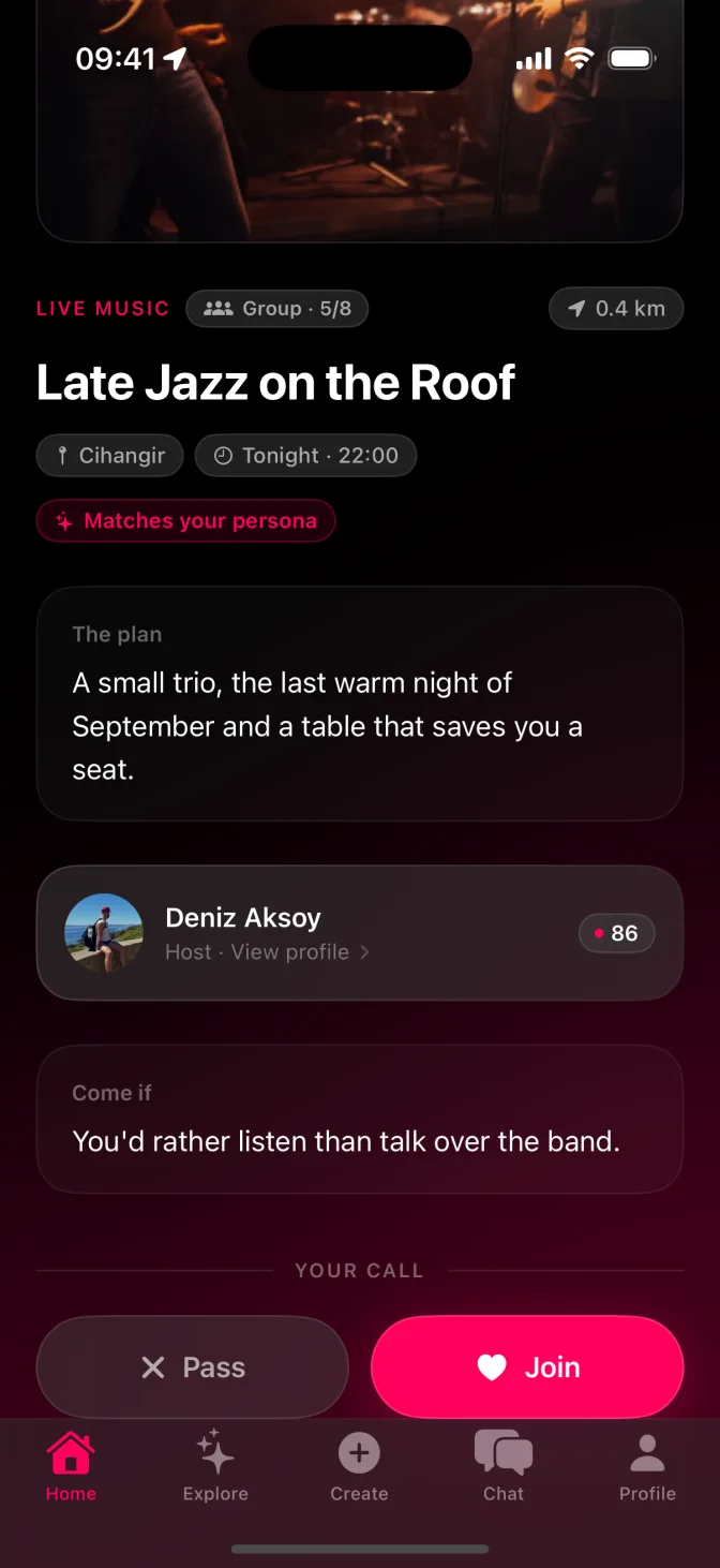 An event card in the 28 app: Late Jazz on the Roof, hosted by Deniz, with Pass and Join buttons